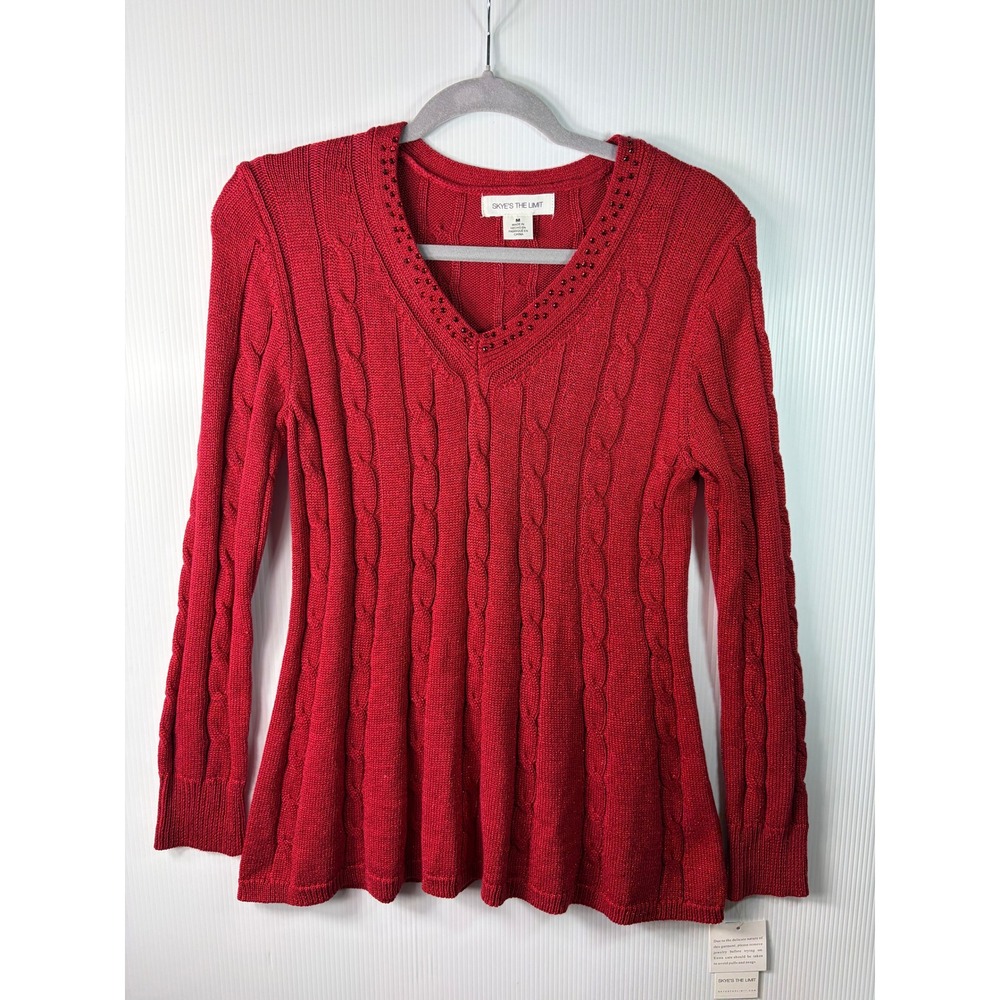 Skye's The Limit Cable Knit Sweater Womens Med Red Metallic Rhinestone V-Neck